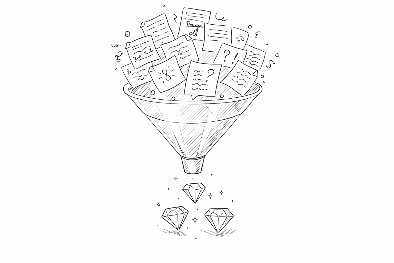 Digital funnel filtering 360-degree feedback data into clear, actionable leadership insight gems.