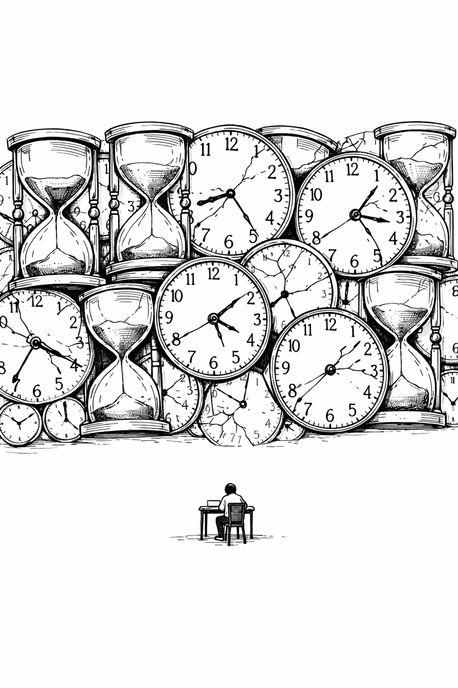Illustration of a person overwhelmed by a wall of clocks, representing traditional mentorship time constraints.