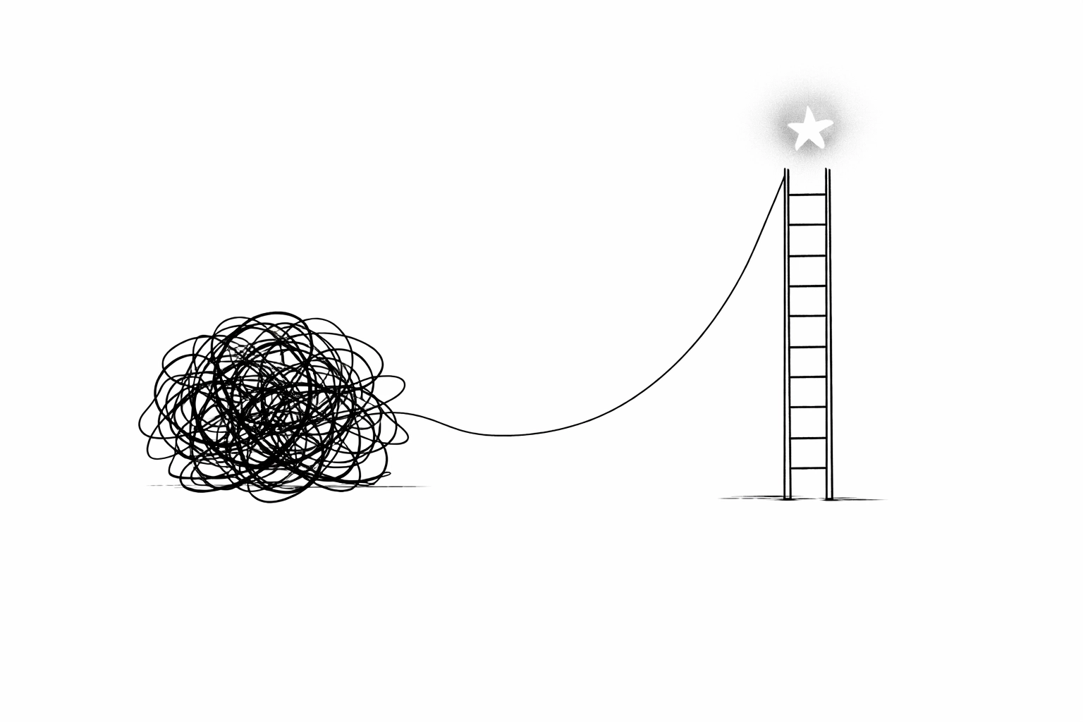 Minimalist drawing of messy feedback rot transforming into a structured ladder toward professional goals.