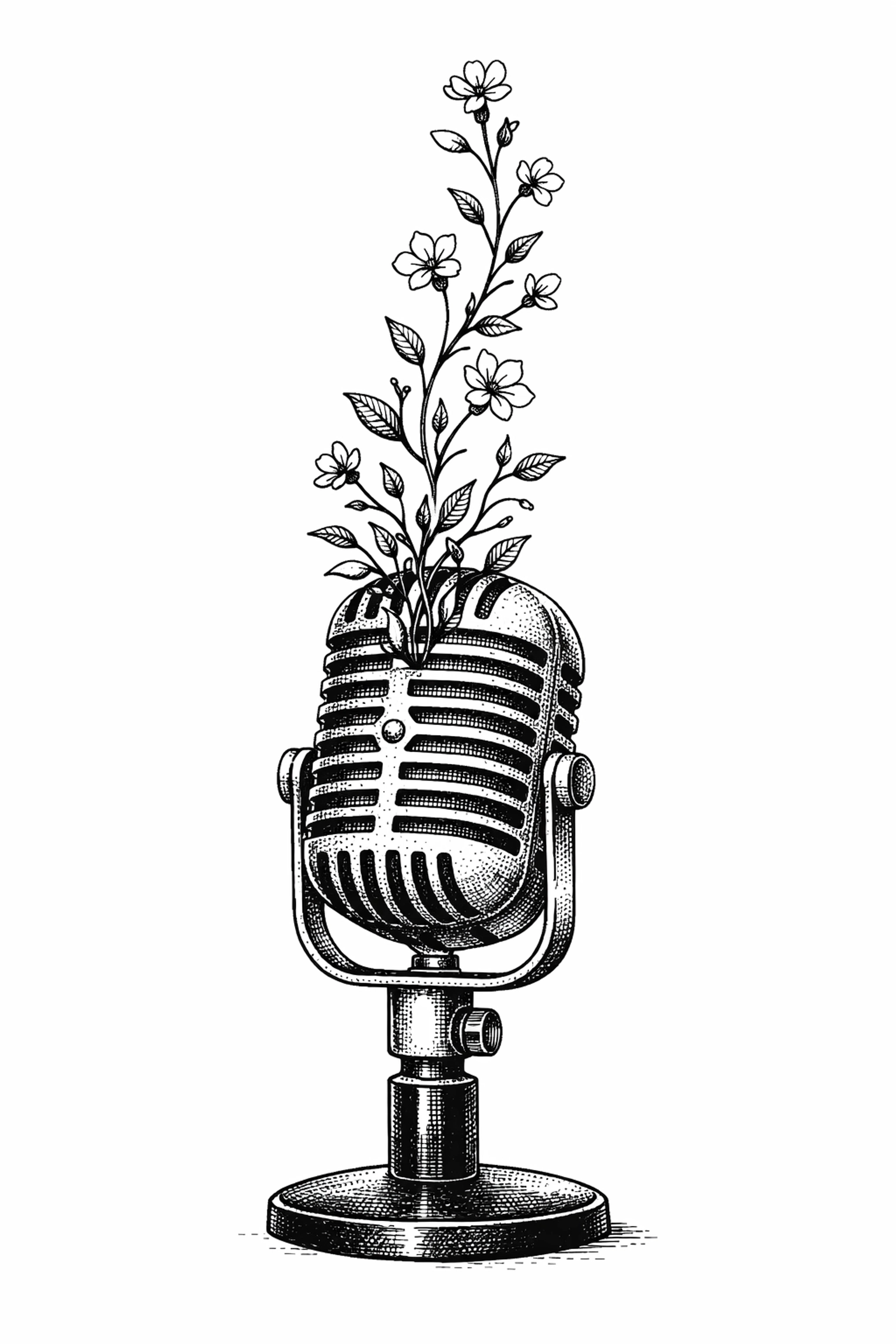 A microphone with growing flowers, representing organic employee development through voice-first feedback.