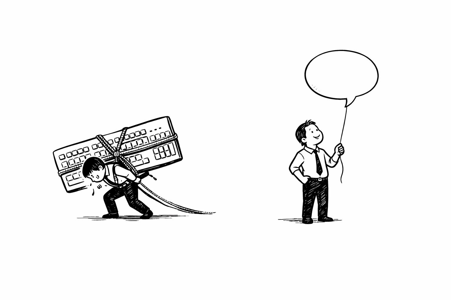 Illustration showing the burden of keyboard typing versus the ease of voice-enabled feedback for 360 surveys.